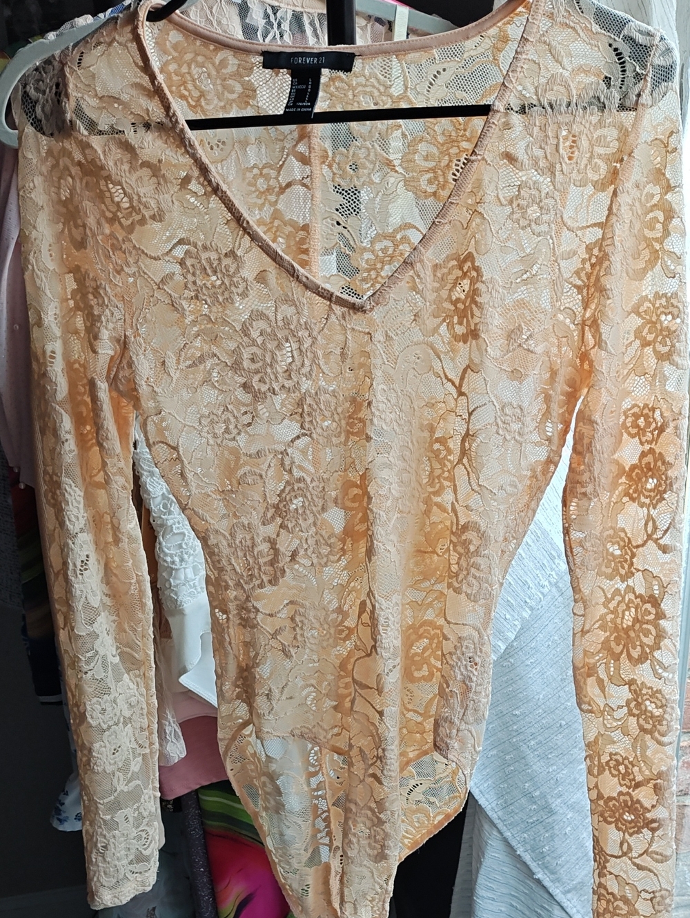 Forever 21 Peach Lace V-Neck Long Sleeve Bodysuit